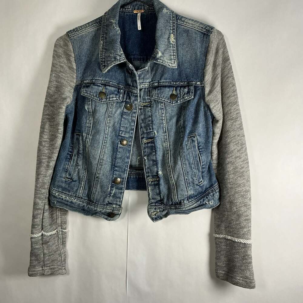 Free People Distressed Denim Jacket with Gray Sleeves Size XS